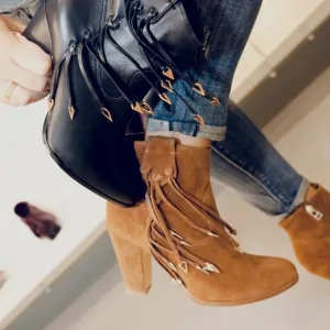 Brown suede fringe western bootie