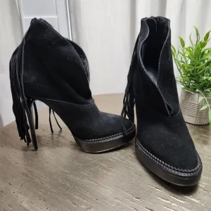 Burberry Black Open Front‎ Prorsum Fringe Tasseled Suede Ankle Boots 2015 35