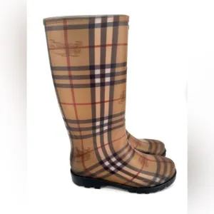 Burberry Nova Check Brown and Gold Plaid Rubber Rain Boots Size 5