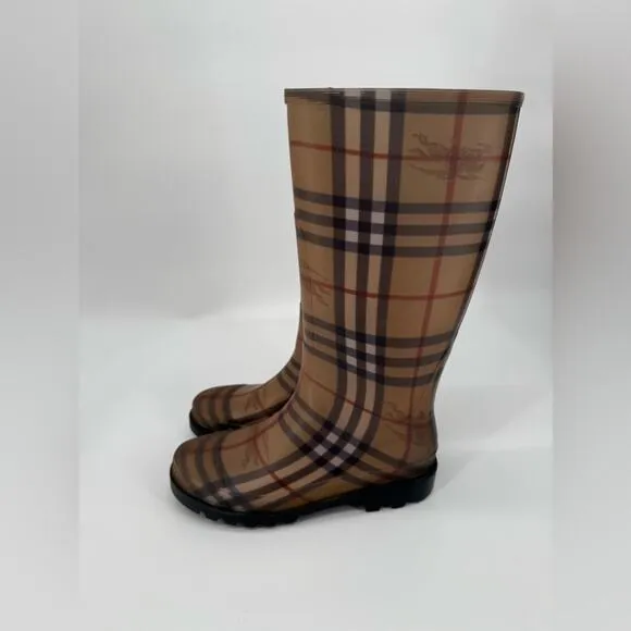 Burberry Nova Check Brown and Gold Plaid Rubber Rain Boots Size 5