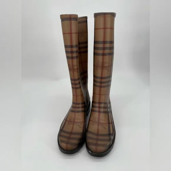 Burberry Nova Check Brown and Gold Plaid Rubber Rain Boots Size 5