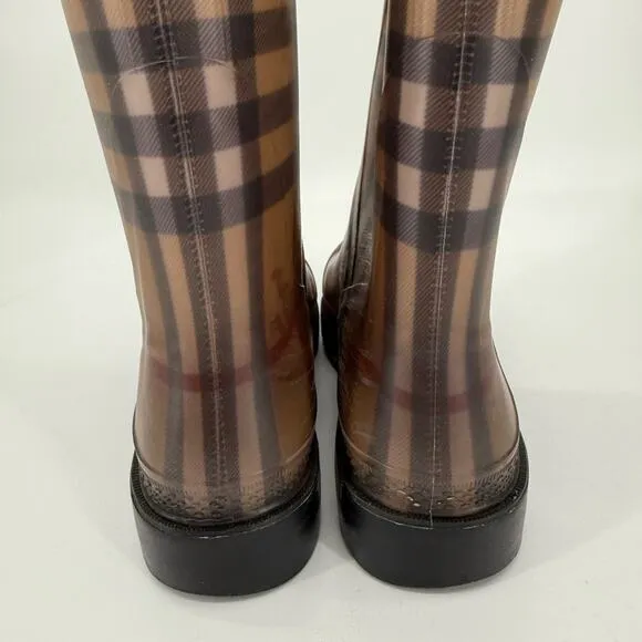 Burberry Nova Check Brown and Gold Plaid Rubber Rain Boots Size 5