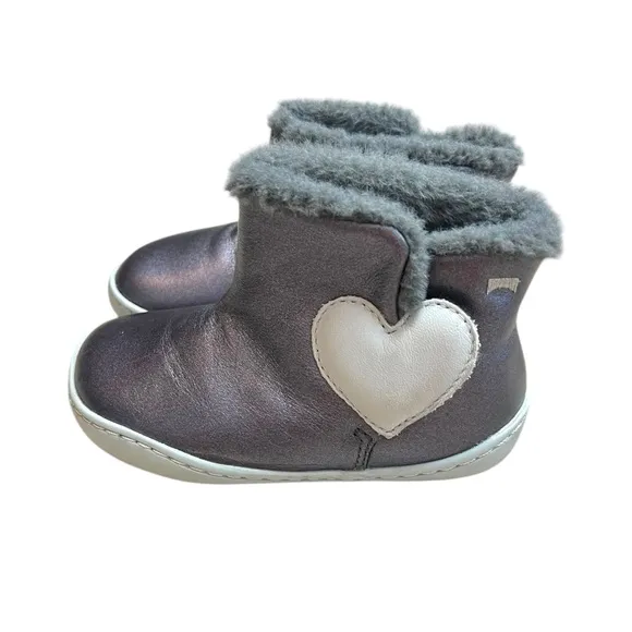 Camper Peu Barefoot Shoes Boots Walkers Metallic Leather Heart Fur Lined Size 25