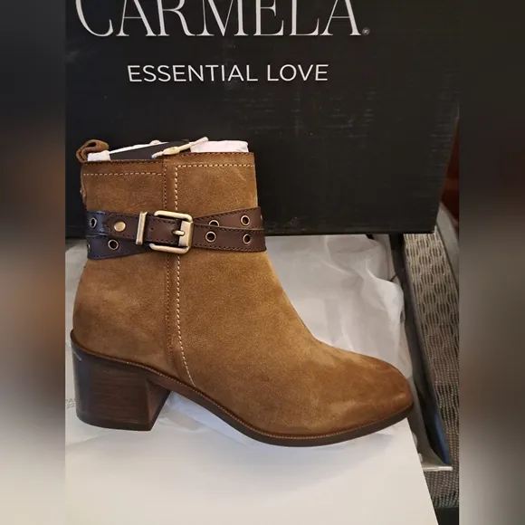 CARMELA brown Ankle Boots with Gold Tone Buckles SIZE 8/8.5 SUEDE brand new