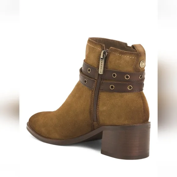 CARMELA brown Ankle Boots with Gold Tone Buckles SIZE 8/8.5 SUEDE brand new