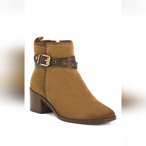 CARMELA brown Ankle Boots with Gold Tone Buckles SIZE 8/8.5 SUEDE brand new