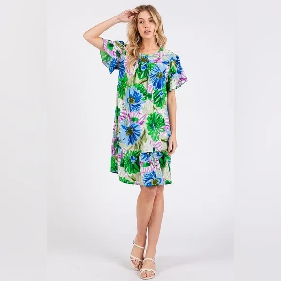 Ces Femme Floral Ruffled Short Sleeve Dress