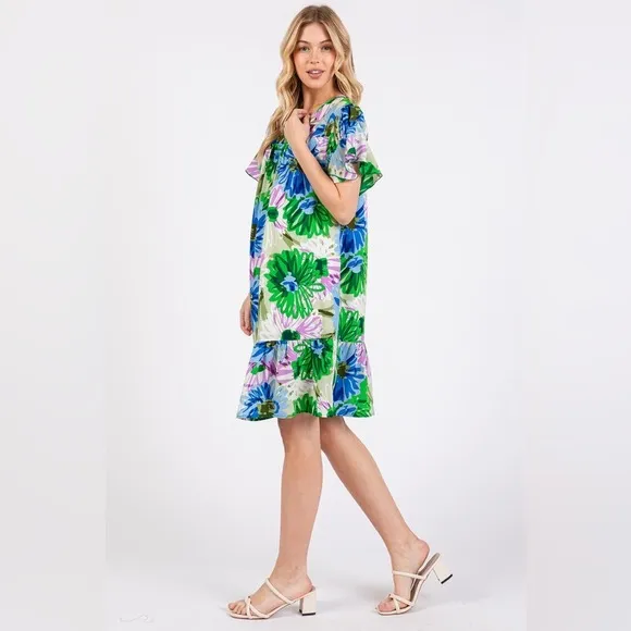 Ces Femme Floral Ruffled Short Sleeve Dress