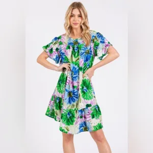 Ces Femme Floral Ruffled Short Sleeve Dress