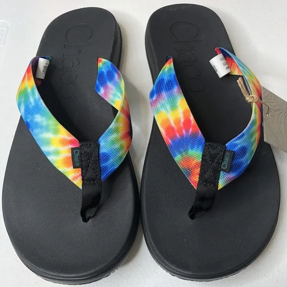 Chaco Men's New w/Box Chillos Flip Flop Sandals in Dark Tie Dye Rainbow Size 10