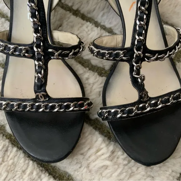 CHANEL Black Chain Strap Sandals