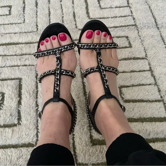CHANEL Black Chain Strap Sandals