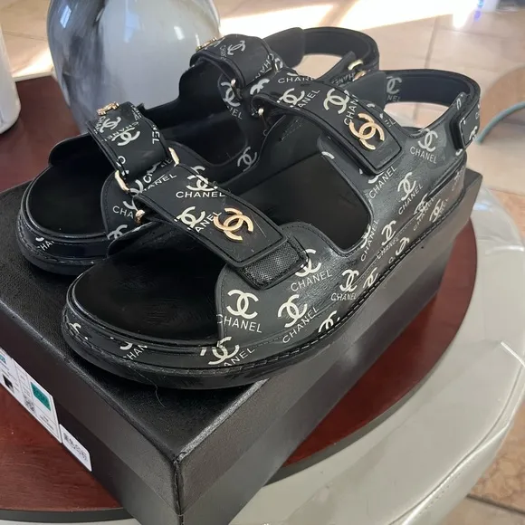 Chanel Black Sandals with Gold Accents