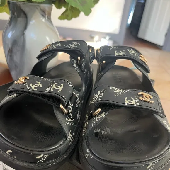 Chanel Black Sandals with Gold Accents
