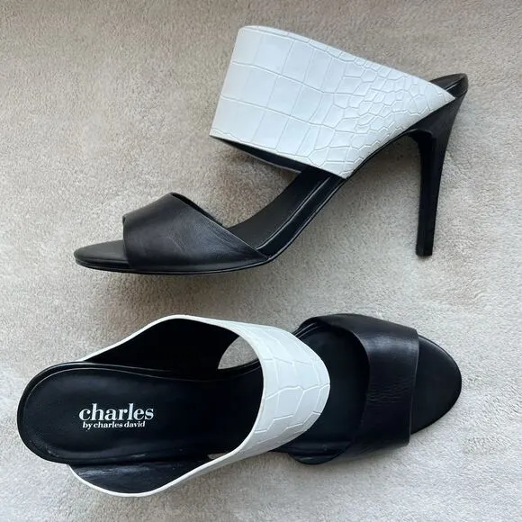 Charles By Charles David Black &amp; White Slide Stiletto Heeled Sandal Women 10