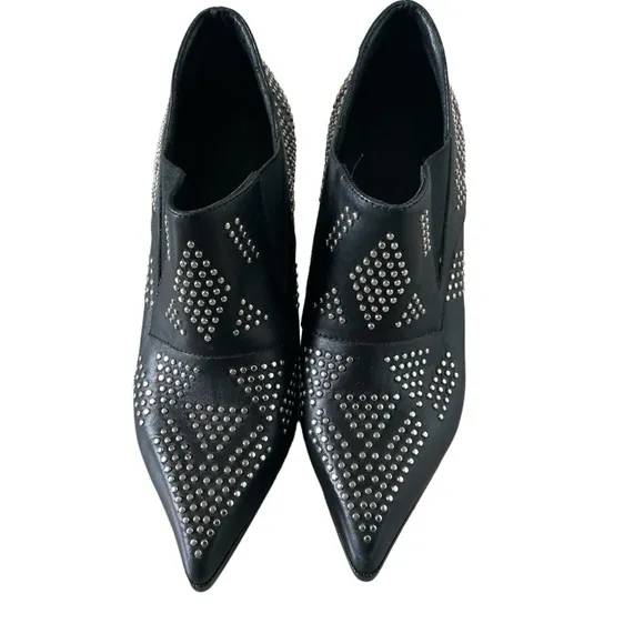 Chloe women’s black studs leather pointed ankle booties block heel size 37.5