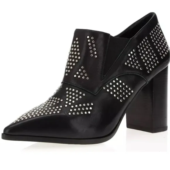 Chloe women’s black studs leather pointed ankle booties block heel size 37.5