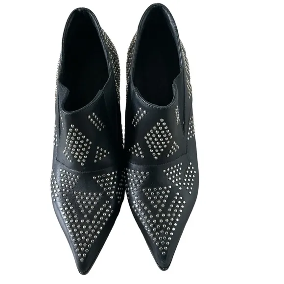 Chloe women’s black studs leather pointed ankle booties block heel size 37.5