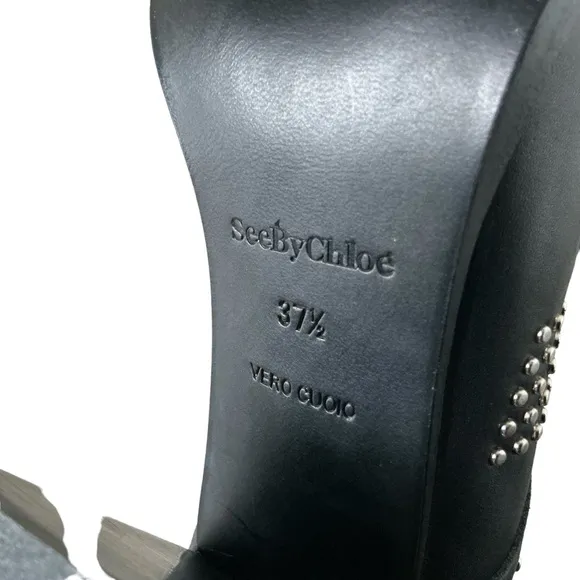 Chloe women’s black studs leather pointed ankle booties block heel size 37.5