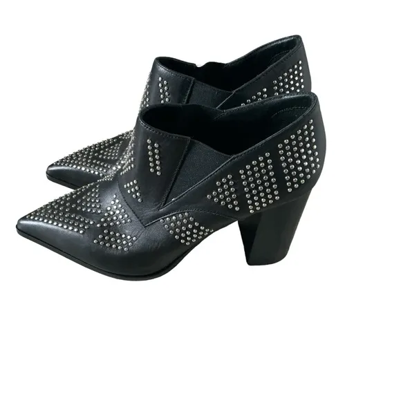 Chloe women’s black studs leather pointed ankle booties block heel size 37.5