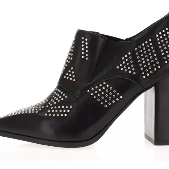 Chloe women’s black studs leather pointed ankle booties block heel size 37.5