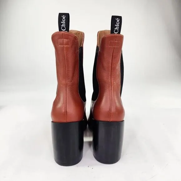 Chloe Wave Ankle Boots Womens US 7 Brown Pull Tab Chelsea Pointed Toe Booties