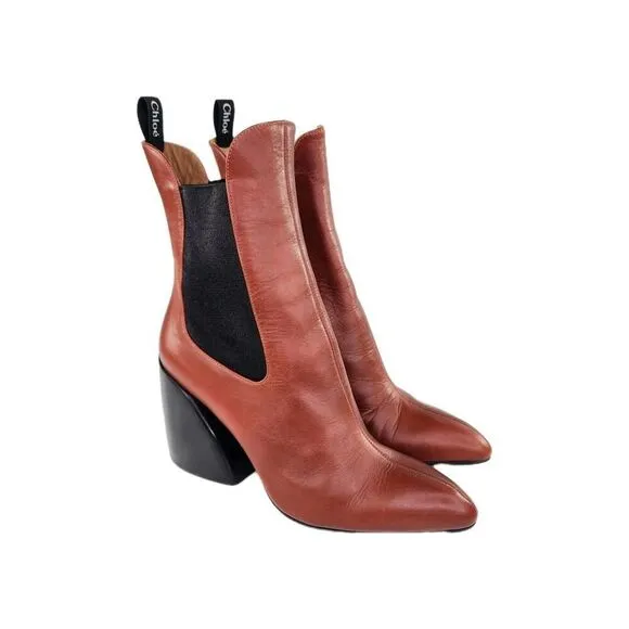 Chloe Wave Ankle Boots Womens US 7 Brown Pull Tab Chelsea Pointed Toe Booties