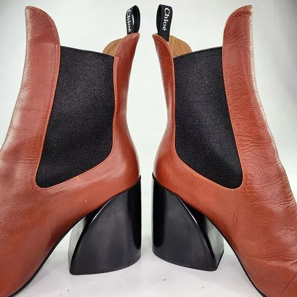 Chloe Wave Ankle Boots Womens US 7 Brown Pull Tab Chelsea Pointed Toe Booties