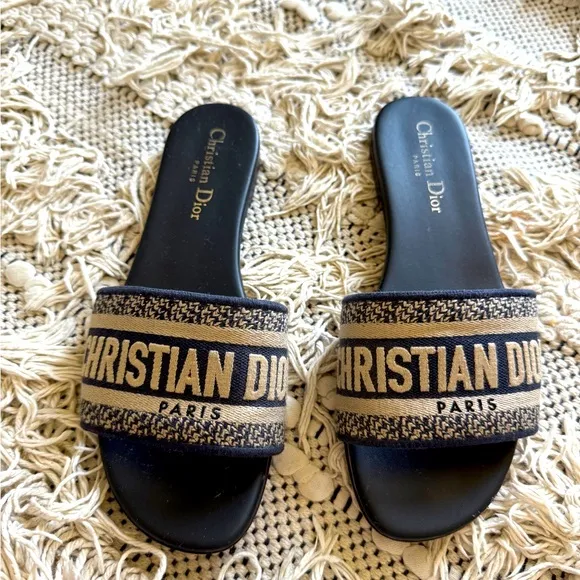 Christian Dior Navy and Tan Slide Sandals ☀️authentic☀️