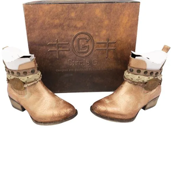 Circle G Western Women's Metallic Rose Gold Braided Harness Leather Ankle Boots