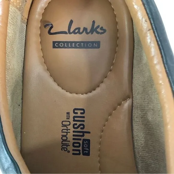 CLARKS COLLECTION Cushion Ortholite Black Leather Oxford Slip On Shoes Sz 11