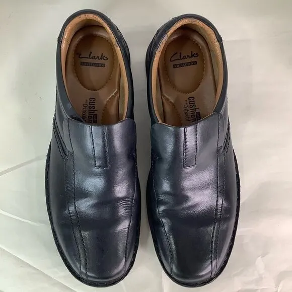 CLARKS COLLECTION Cushion Ortholite Black Leather Oxford Slip On Shoes Sz 11