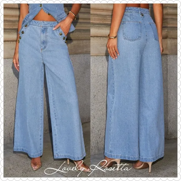 Classic Button Accent High Waist Wide Leg Jeans