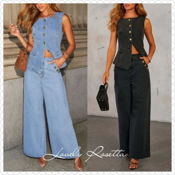 Classic Button Accent High Waist Wide Leg Jeans