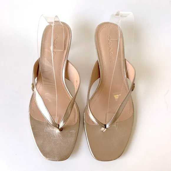 Coach Audree Kitten Heel Sandals Thong Low Heel Champagne Gold Leather Size 9.5