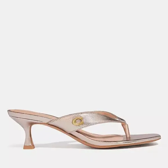 Coach Audree Kitten Heel Sandals Thong Low Heel Champagne Gold Leather Size 9.5