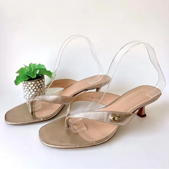 Coach Audree Kitten Heel Sandals Thong Low Heel Champagne Gold Leather Size 9.5