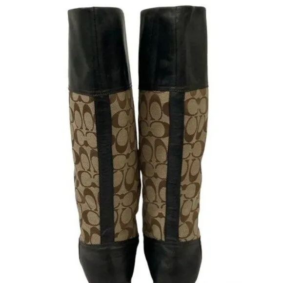 Coach Chrissi Dark Brown Leather and Canvas Signature Print Boots