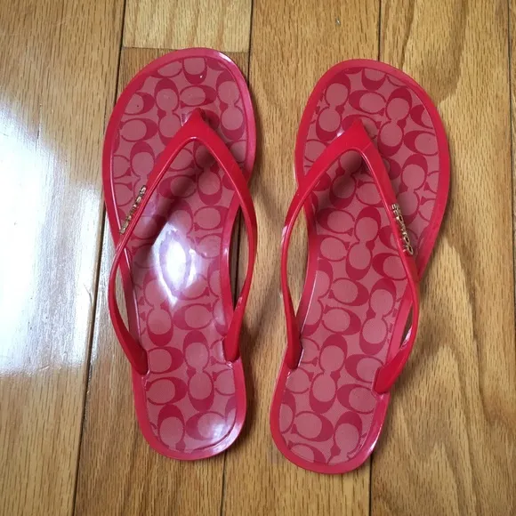 Coach Signature Logo Red/Gold Flip Flops/ Sandals