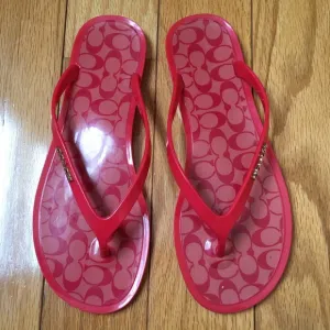 Coach Signature Logo Red/Gold Flip Flops/ Sandals