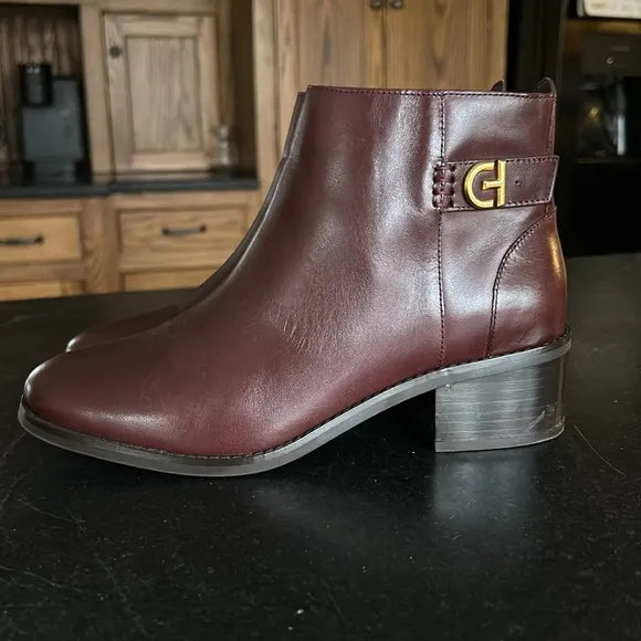 Cole Haan Boots Holis Burgundy Red Leather Buckle Ankle Bootie Women’s 7.5