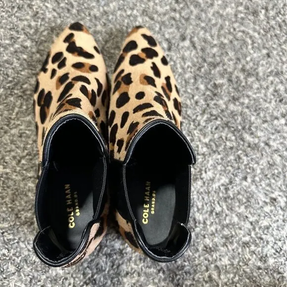 Cole Haan Hara Size 7 B Chelsea Boots Leopard Calf Hair Pointy Slip On Ankle New