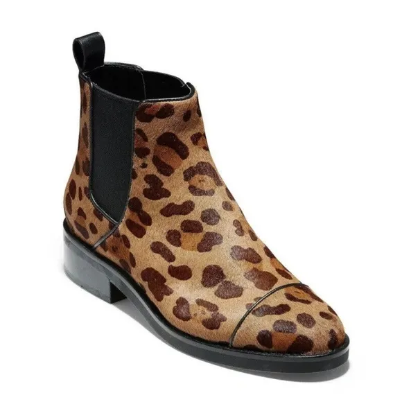 Cole Haan Mara Grand Brown Tan Leopard Print Calf Hair Chelsea Booties 8.5