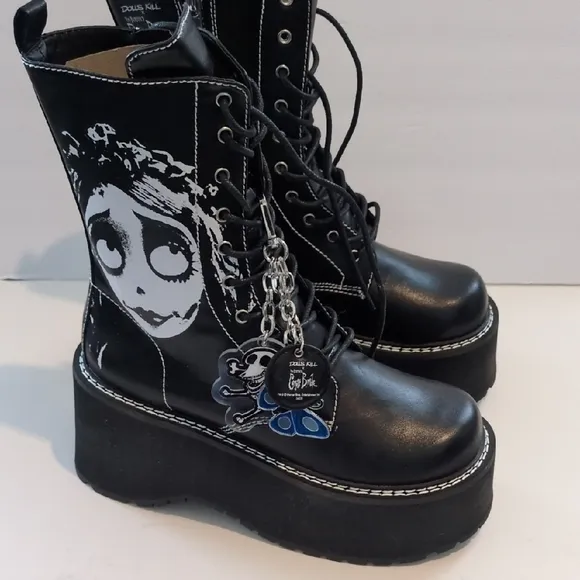 Corpse Bride Black Lace Up Boots with Platform Sole