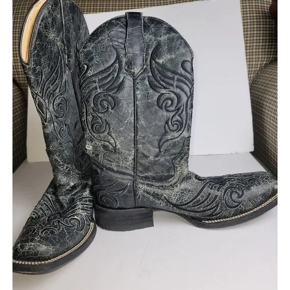 Corral Boots Circle G Women's Black Crackle Boot SQ Toe Sz 8 EUC