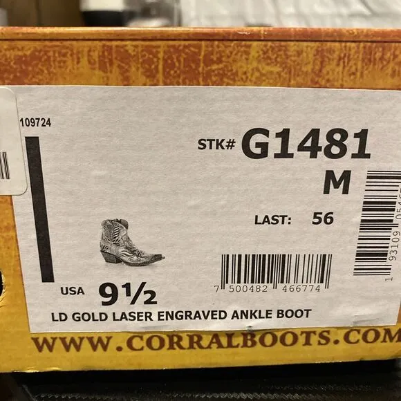 Corral Gold Genuine Leather Laser Engraved Cowboy Cowgirl Western Boots  9 1/2