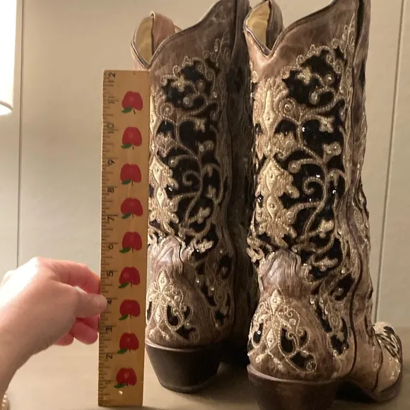 Corral leather Black and Brown Heeled Boots with Intricate Design