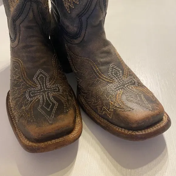 Corral Teen Size 4 T 4T‎ Brown Distressed Leather Western Cross Cowboy Boots