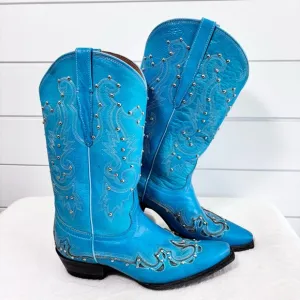 Cowboy Pro blue -turquoise studded boots Western Embroidered Women's Boots 9.5