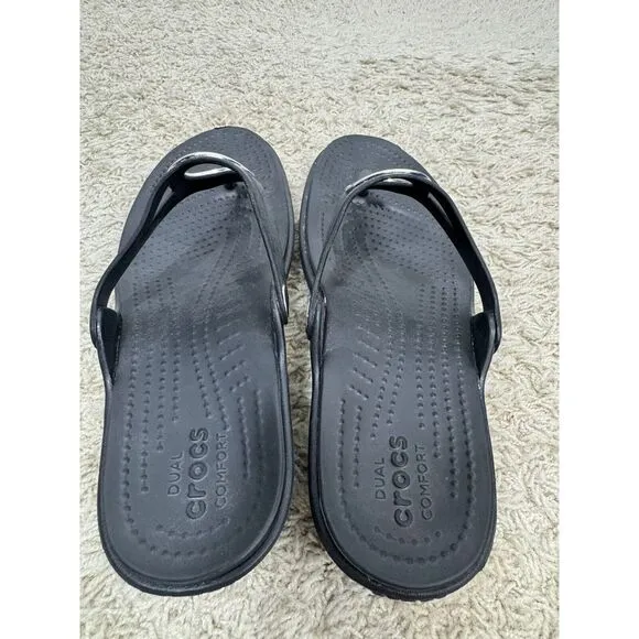 Crocs Sanrah Sandals Wedge Silver Circle Black Flip Flop Thong‎ Women's Size 9